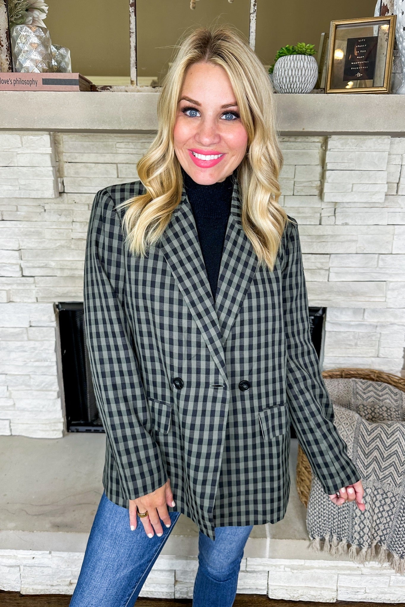 Green/Black Gingham Print Pocketed Button Blazer