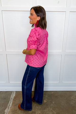 Preppy Dot Puff Sleeve Top in Pink