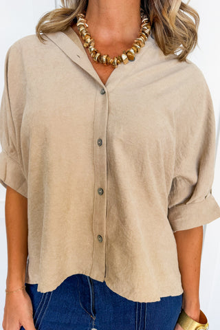 Easy Elegance Button Down Top in Khaki