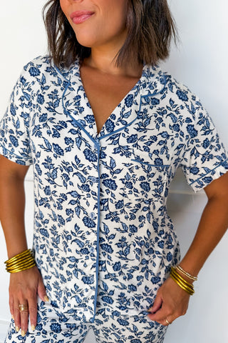 The Charlotte Pajama Pant Set in Ivy Script Navy Floral by Mary Square
