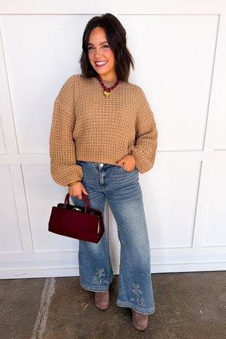 Dear Scarlett Bella Waffle Knit Crewneck Sweater in Camel