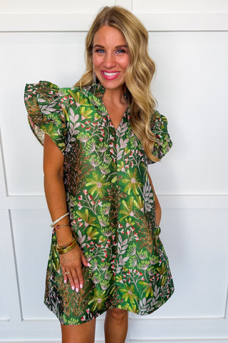 Enchanted Meadow Jacquard Shift Dress in Emerald Green