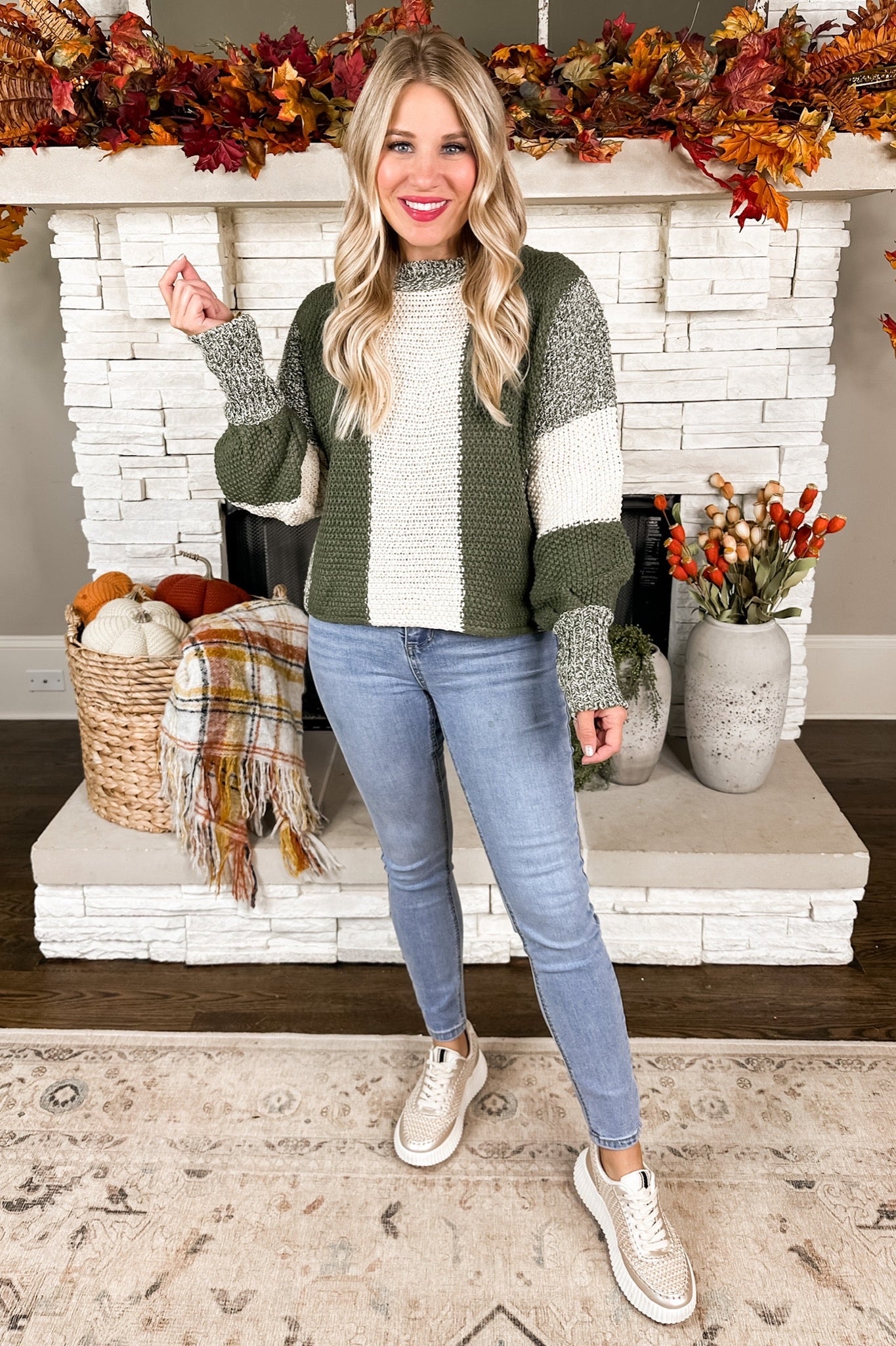 Color Block Heathered Cropped Knit Sweater in Green