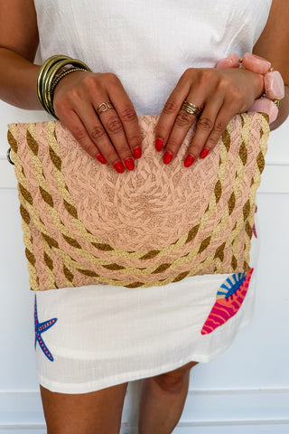 Boardwalk Breeze Raffia Crossbody in Blush Pink