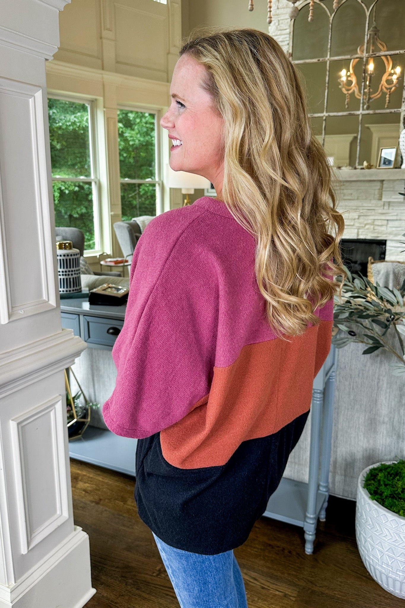 Super Soft Drop Shoulder Color Block Fall Toned V Neck Top