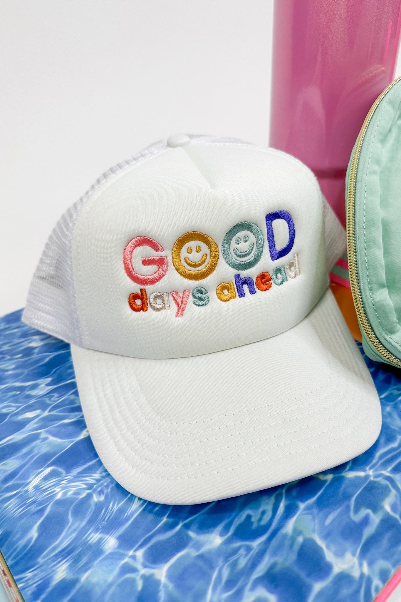 Good Days Ahead Smiley Embroidered White Trucker Hat
