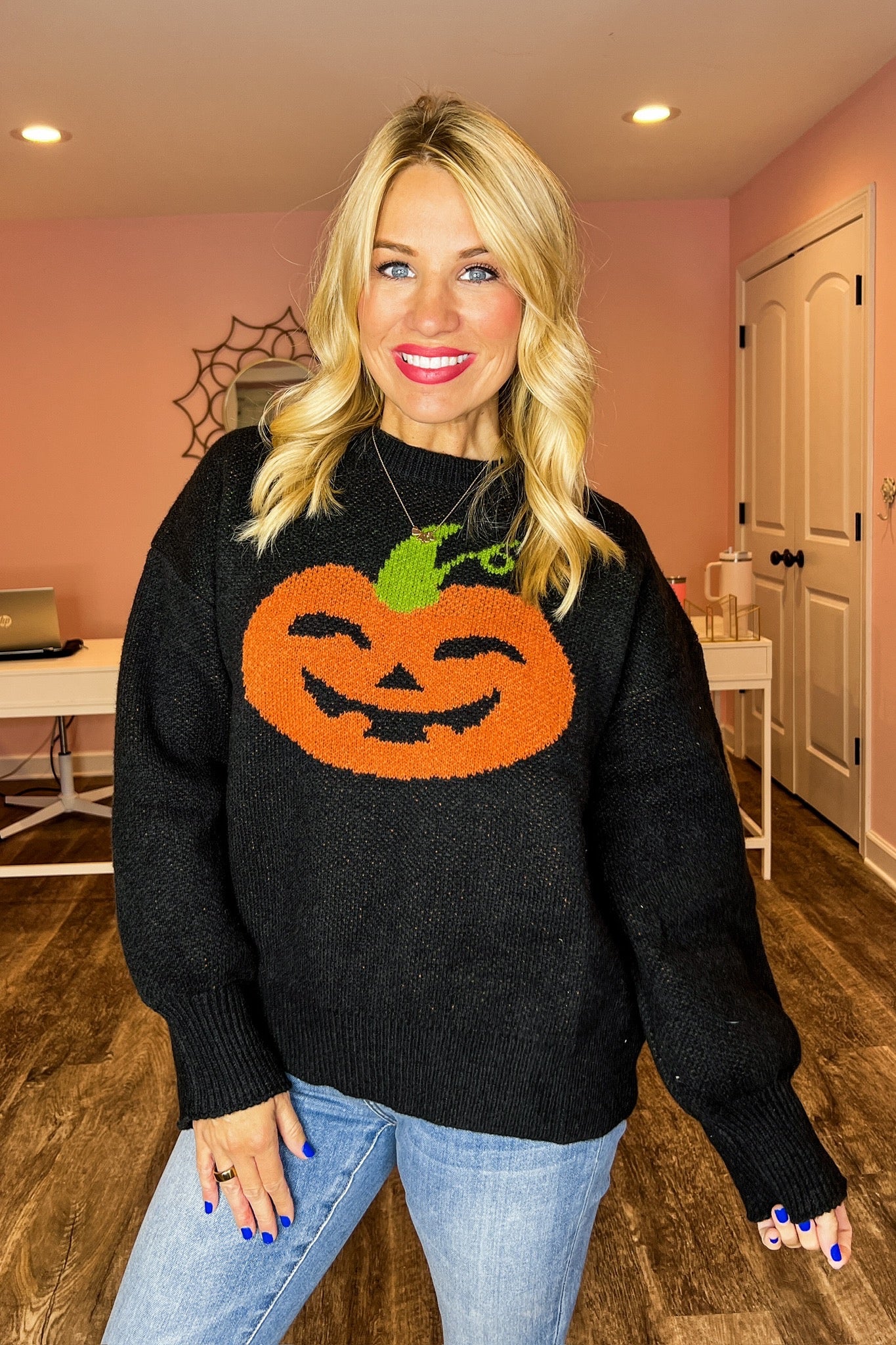 Black & Orange Blended Knit Jack-O-Lantern Sweater