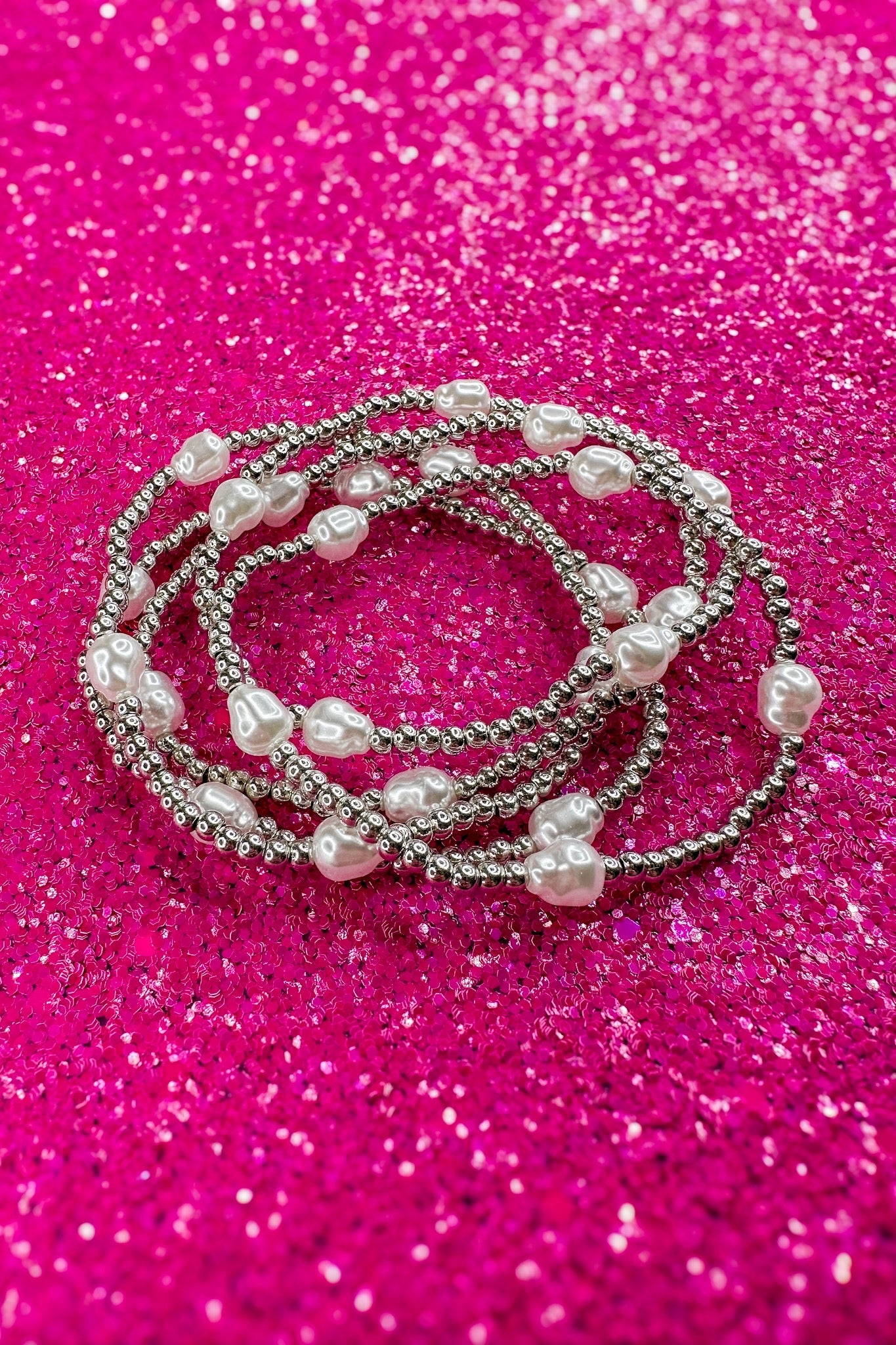 Silver Bead & Pearl Stretch Bracelet Set of 5