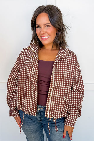 The Hadley Drawstring Pullover Jacket in Brown Gingham