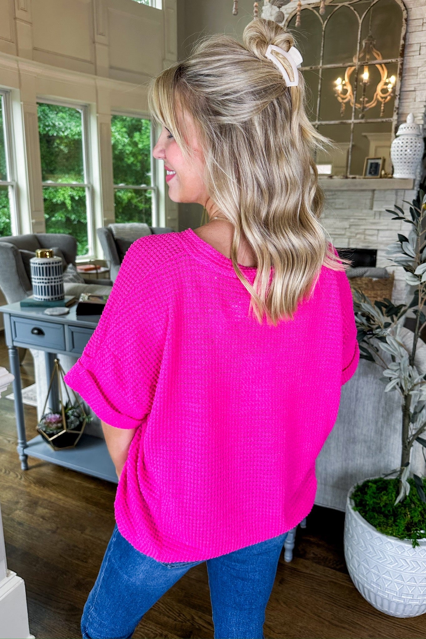 The Sammie Waffle Knit Cuff Sleeve Top Hot Pink