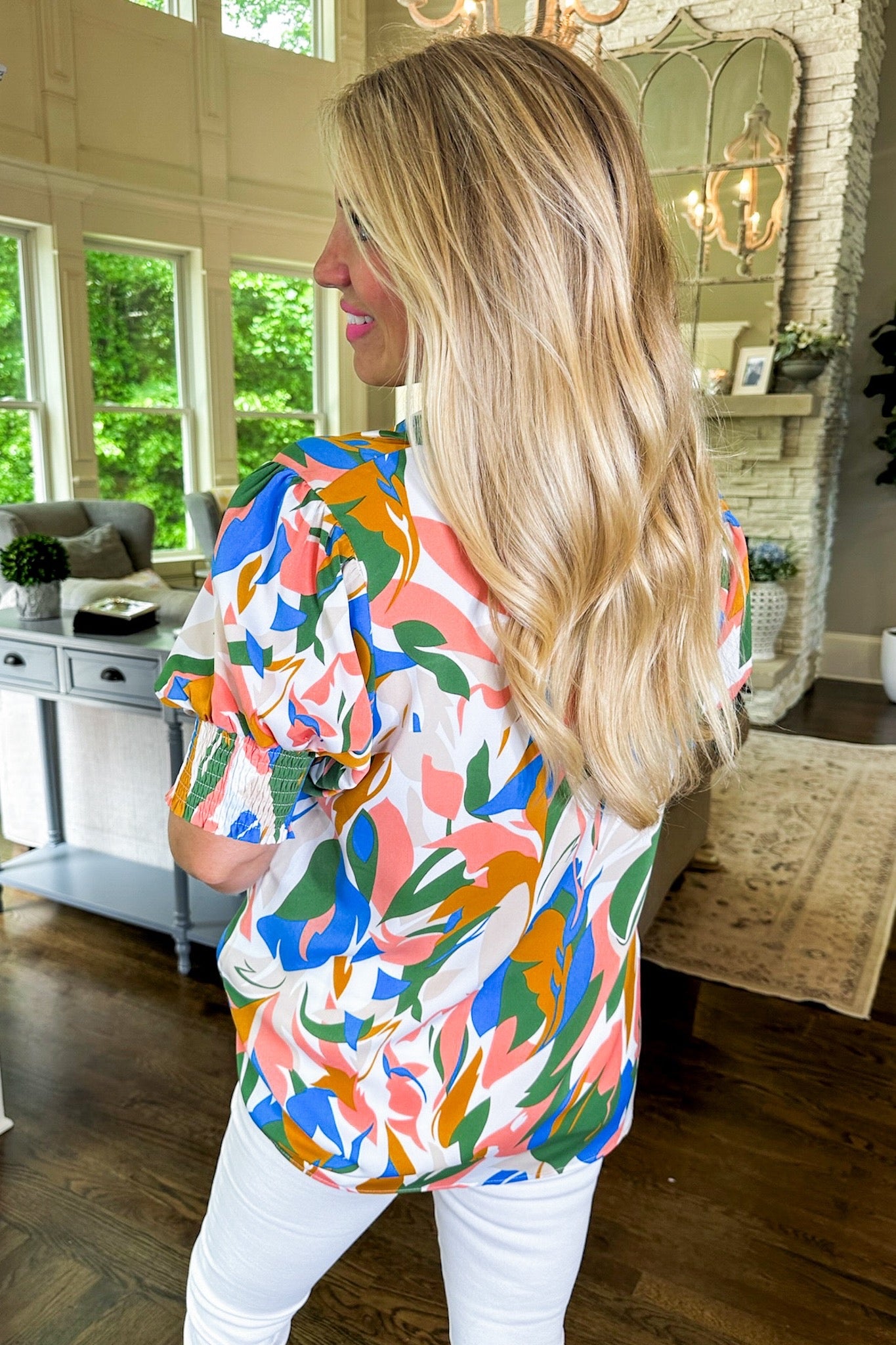 Multi Color Abstract Smocked Sleeve Collared Top