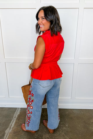 The Avery Cinch Tie Peplum Top in Red