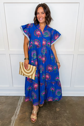 Playful Poise Blue Multi Midi Dress