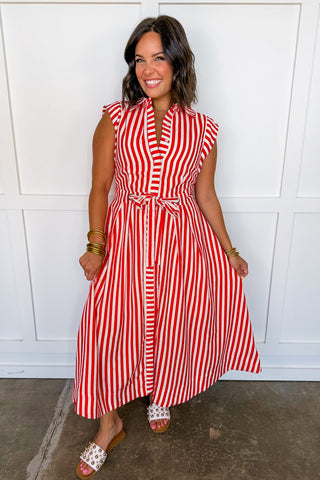 The Lily Button Down Tie Waist Midi Dress in Red Stripes