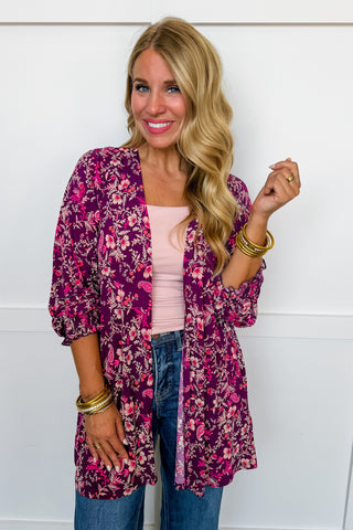 Dear Scarlett Lizzy Gather Sleeve Cardigan in Wine Floral