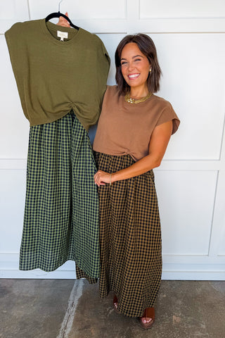 Two-way Gingham Maxi Dress + Knit Top in Camel