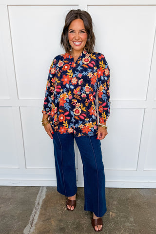 Dear Scarlett Lane Ruffle Collar Top in Navy Harvest Floral