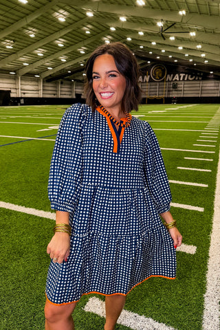 The Cooper Dress in Gingham Navy/Orange by Mary Square