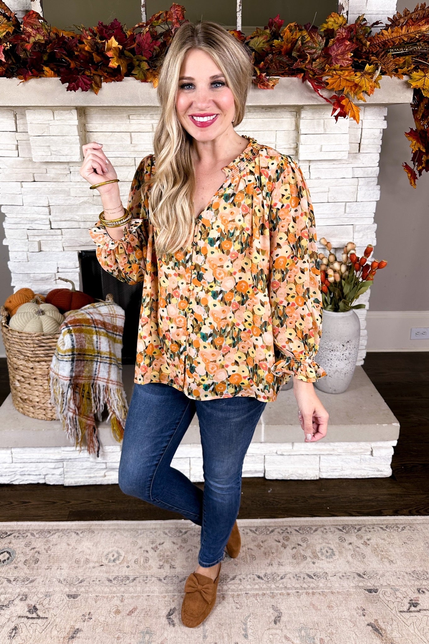 Persimmon Floral Button Front Loop Top