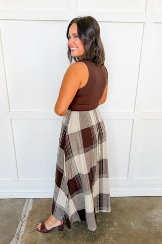 The Berkley Burgundy Plaid Midi Dress in Brown