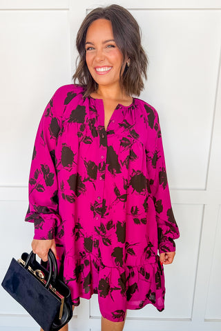 Sketched Floral Tunic Dress in Fuchsia
