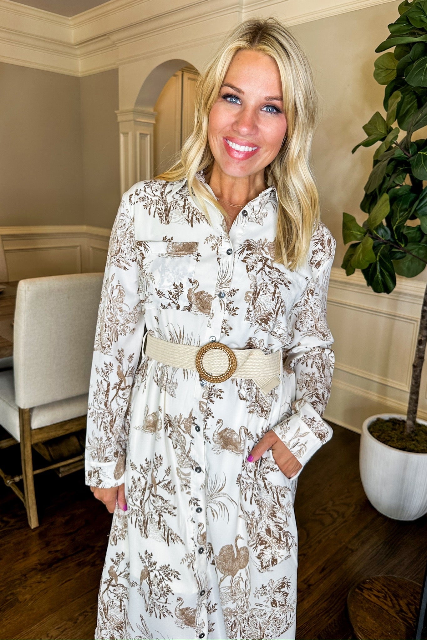 Button Down Collared Brown Toile Midi Dress with Belt