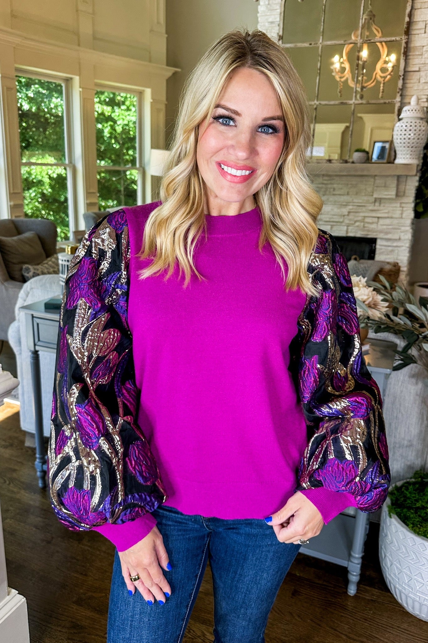 Elegant Lined Statement Floral Sleeve Sweater Top in Magenta