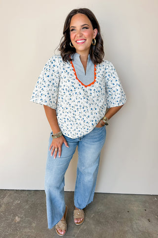 Floral Pop White & Blue Stripe Top