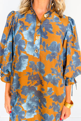 Social Season Button Front Dress in Camel & Blue Floral