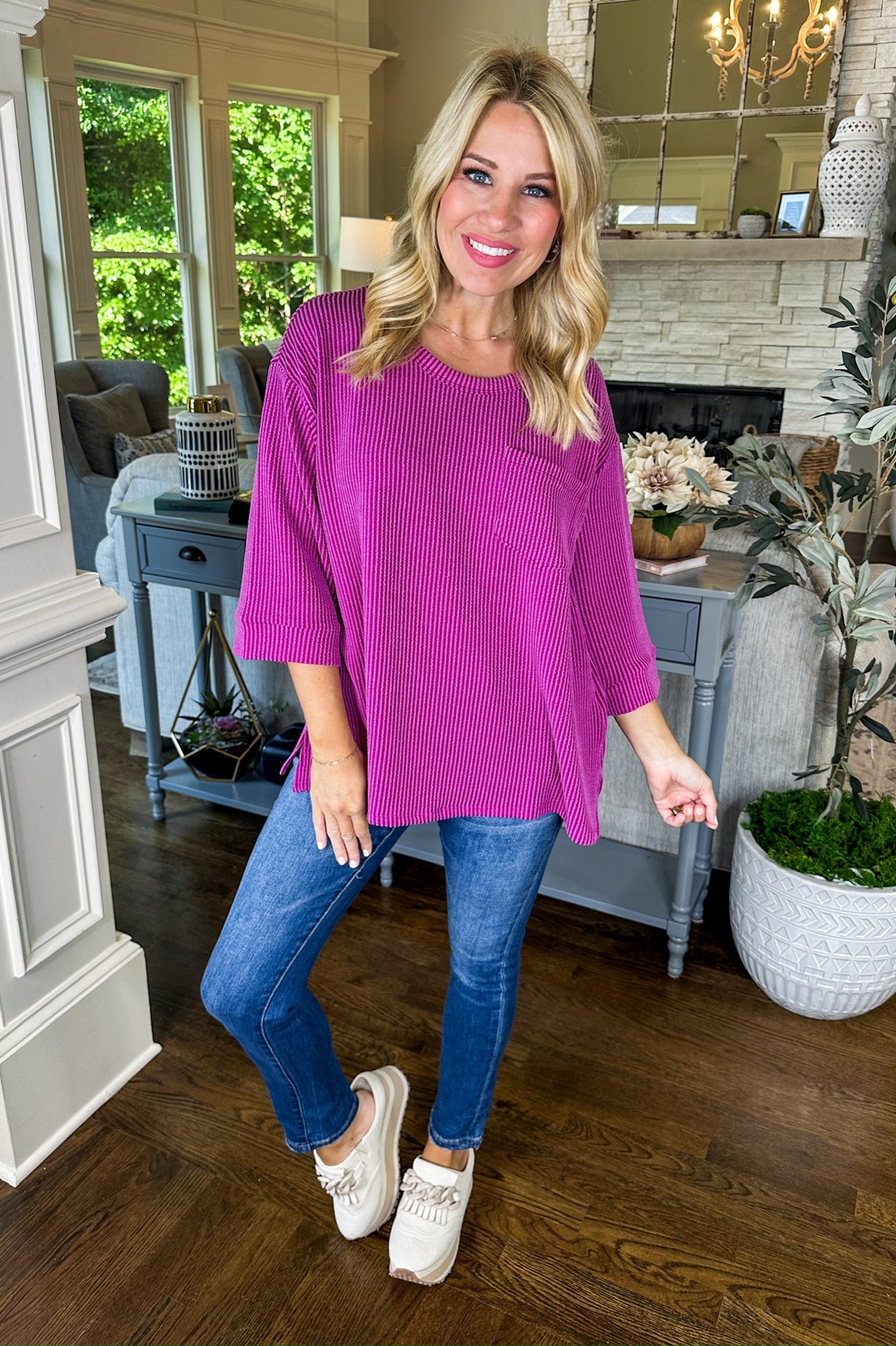 The Macy Ribbed Pocketed Three-Quarter Sleeve Top in Magenta