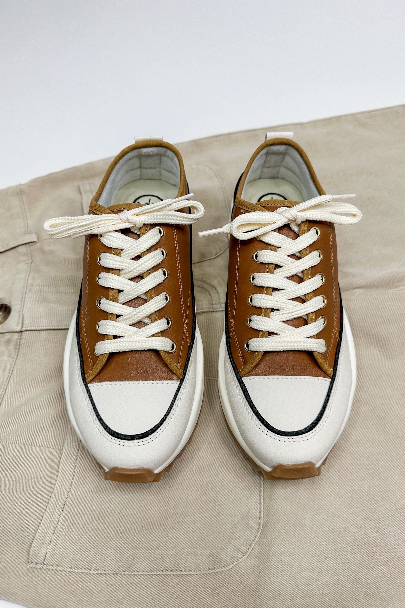 Camel Leather Lace Up Chunky Sole Sneakers