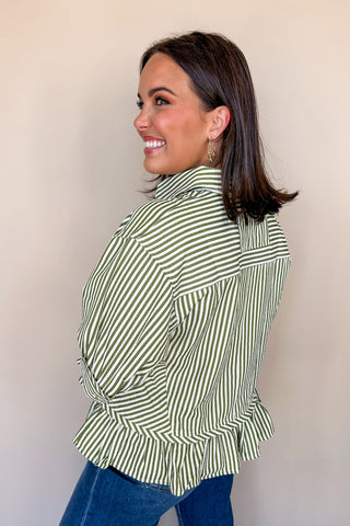 The Bailey Button Down Ruffle Blouse In Olive