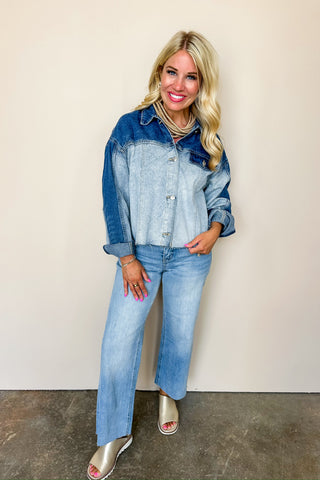 Mixed Wash Denim Button Down Top