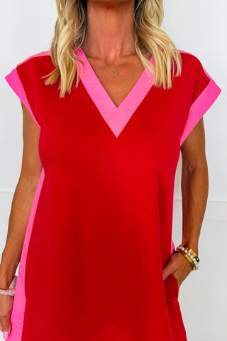 red and pink contrast dress Pink Contrast Ric Rac Detail Multi Tiered Midi Dress