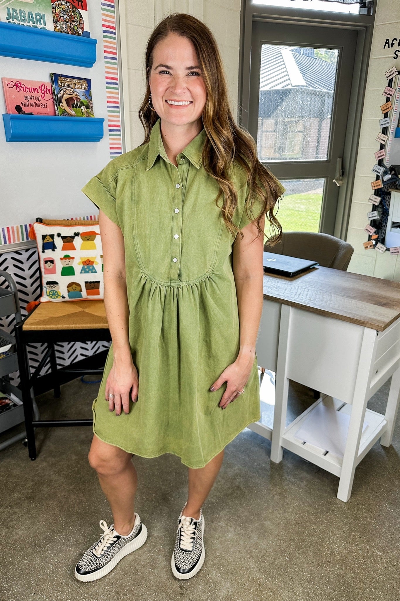 Cap Sleeve Button Down Pocketed Denim Dress in Olive Green