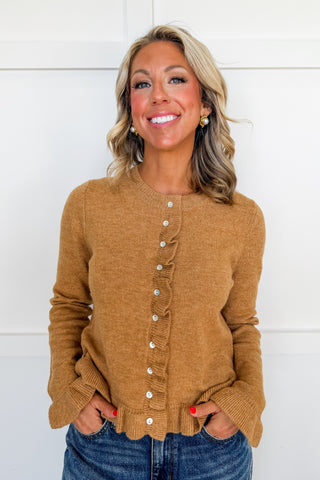 Caramel Kiss Ruffle Hem Button Front Cardigan
