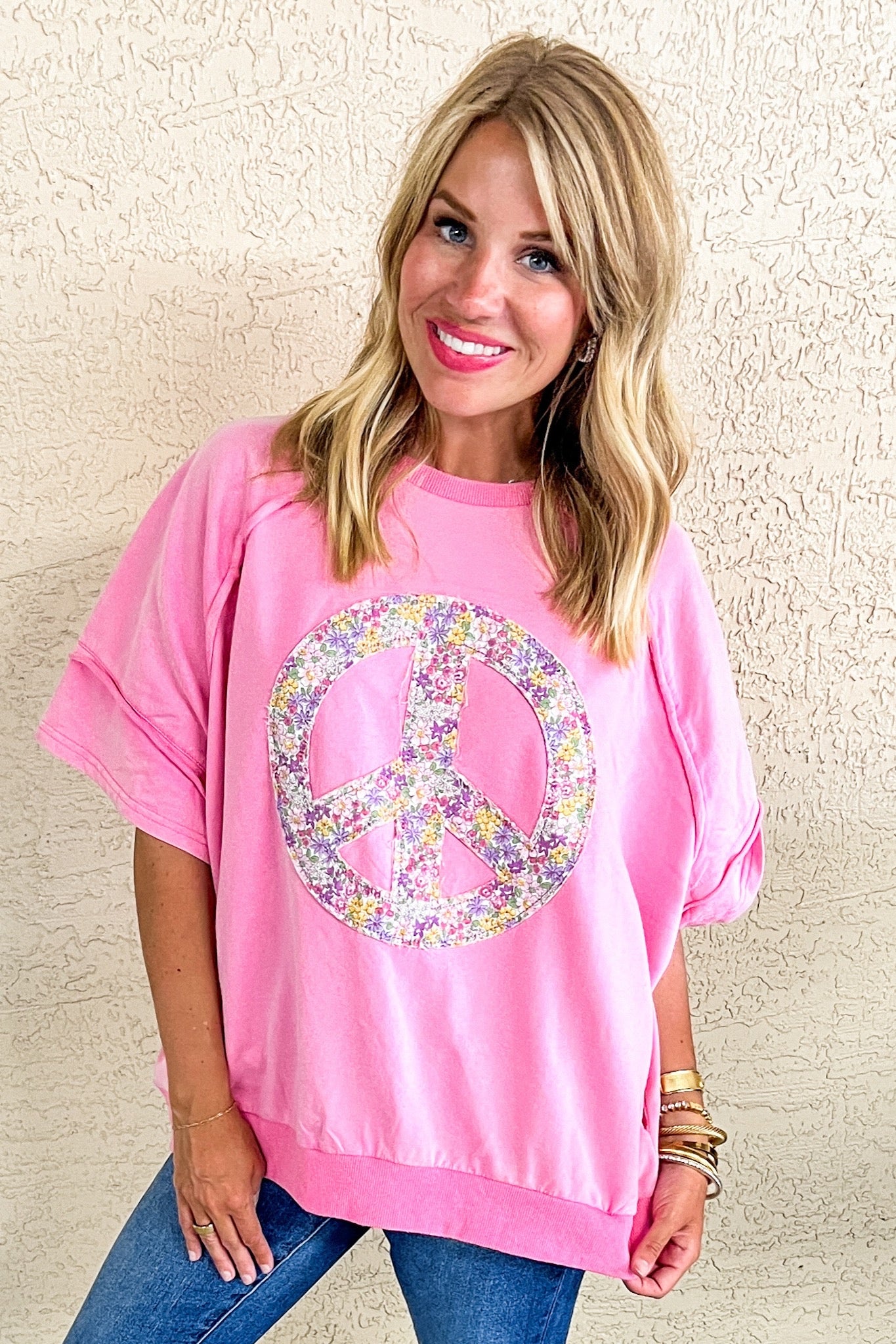 Floral Peace Sign Exposed Seam Pink Top