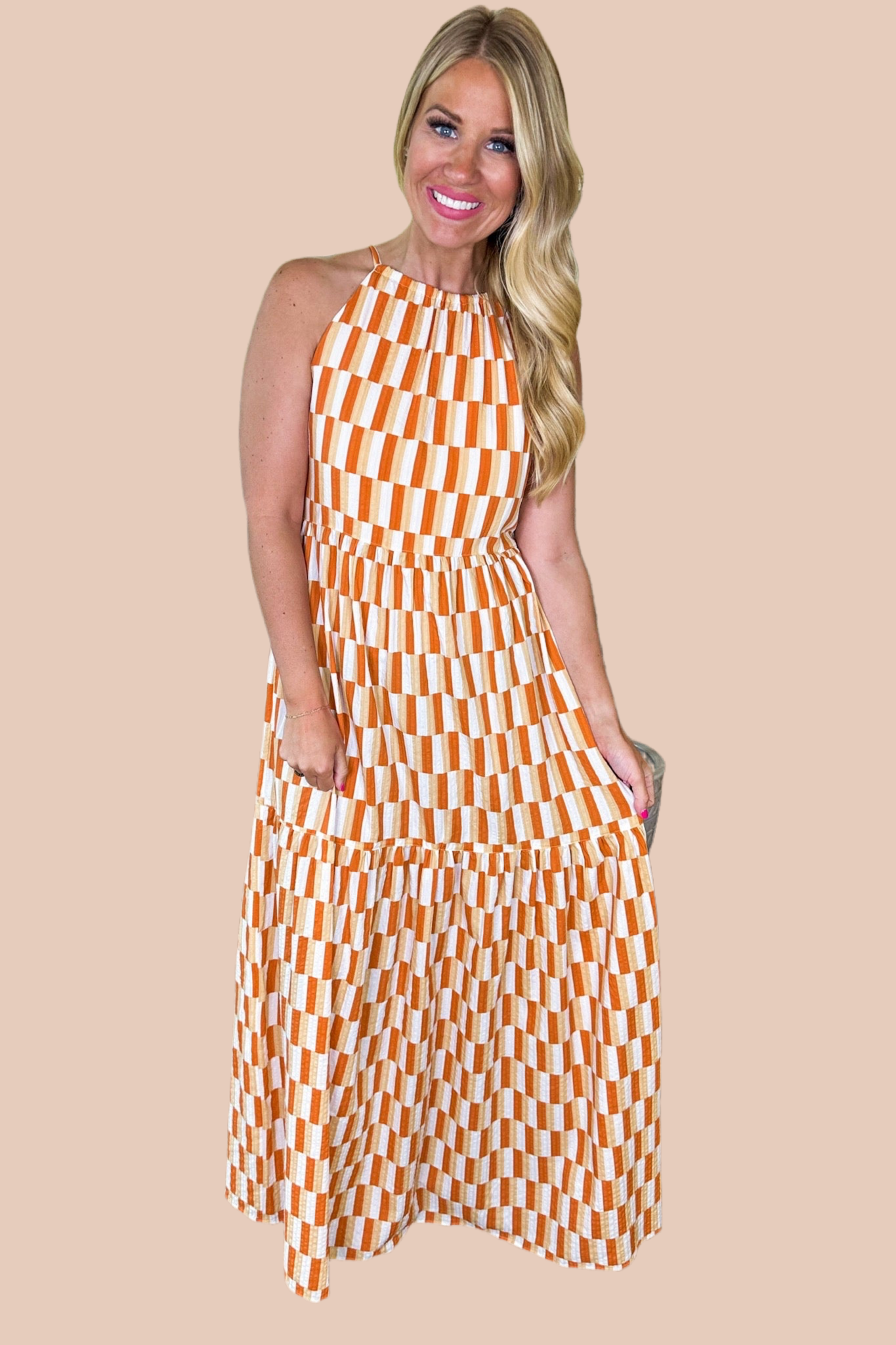Block Print Tiered Halter Maxi Dress in Apricot