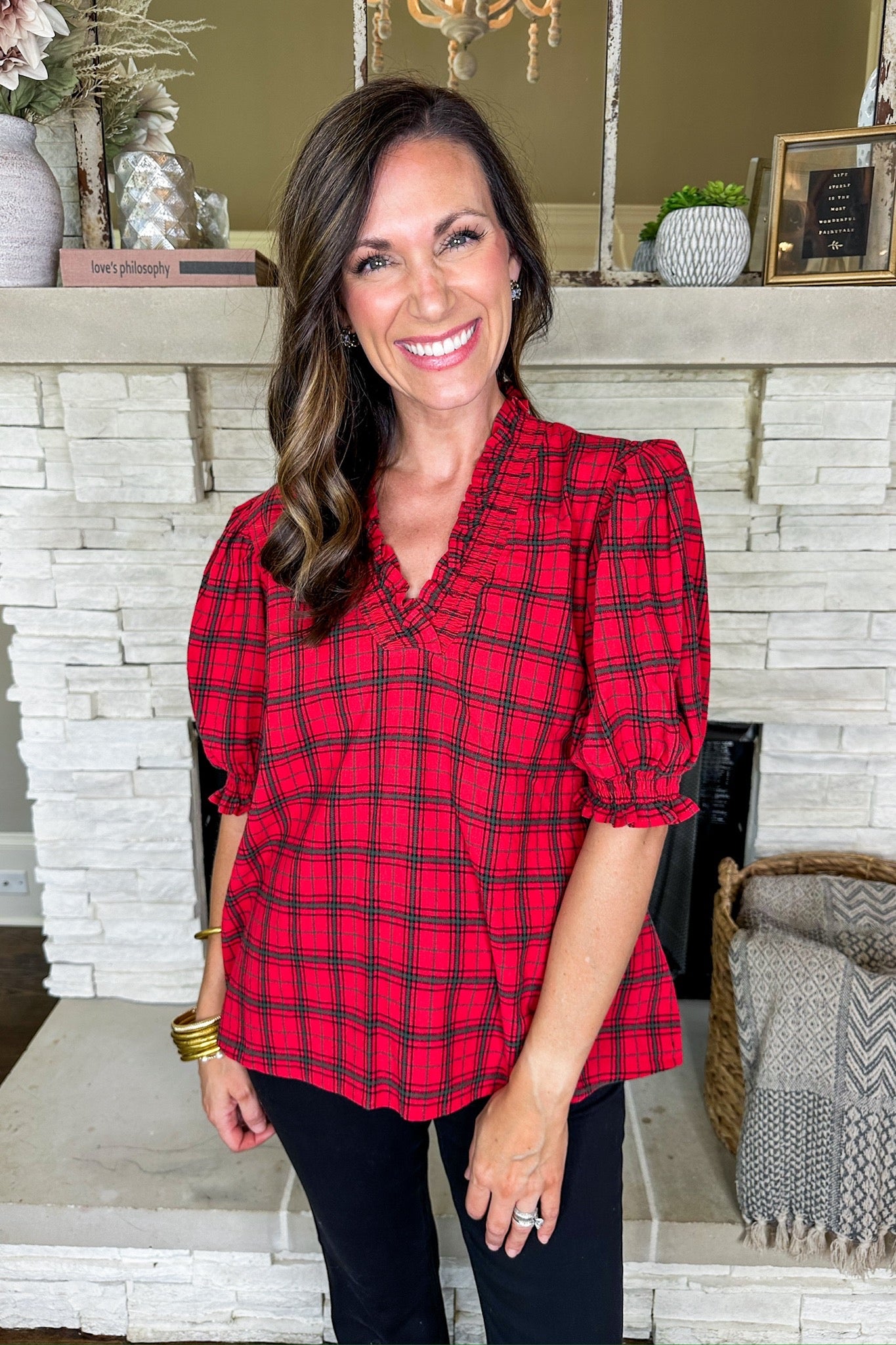 Red Plaid Smocked Ruffle Notch Neck Puff Sleeve Top