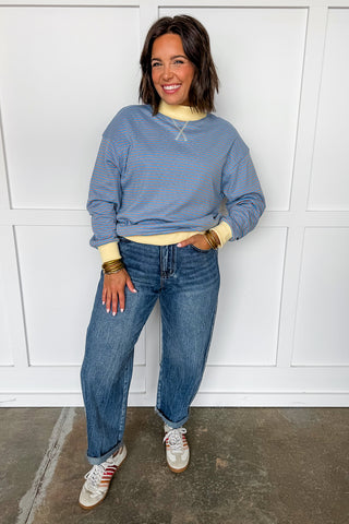 Double Take Reversible Dot & Stripe Mock Neck Pullover in Sky & Peach