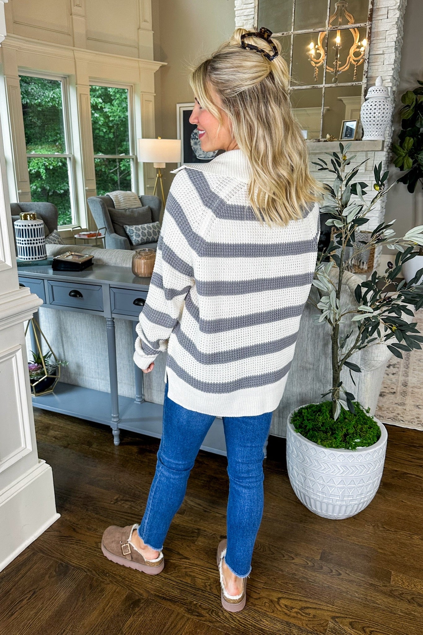 Oversized Grey Striped Snap Button Cowl Neck Sweater