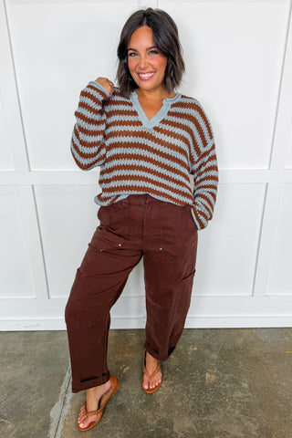 Effortless Stripe Notch Neck Sweater in Light Blue & Brown