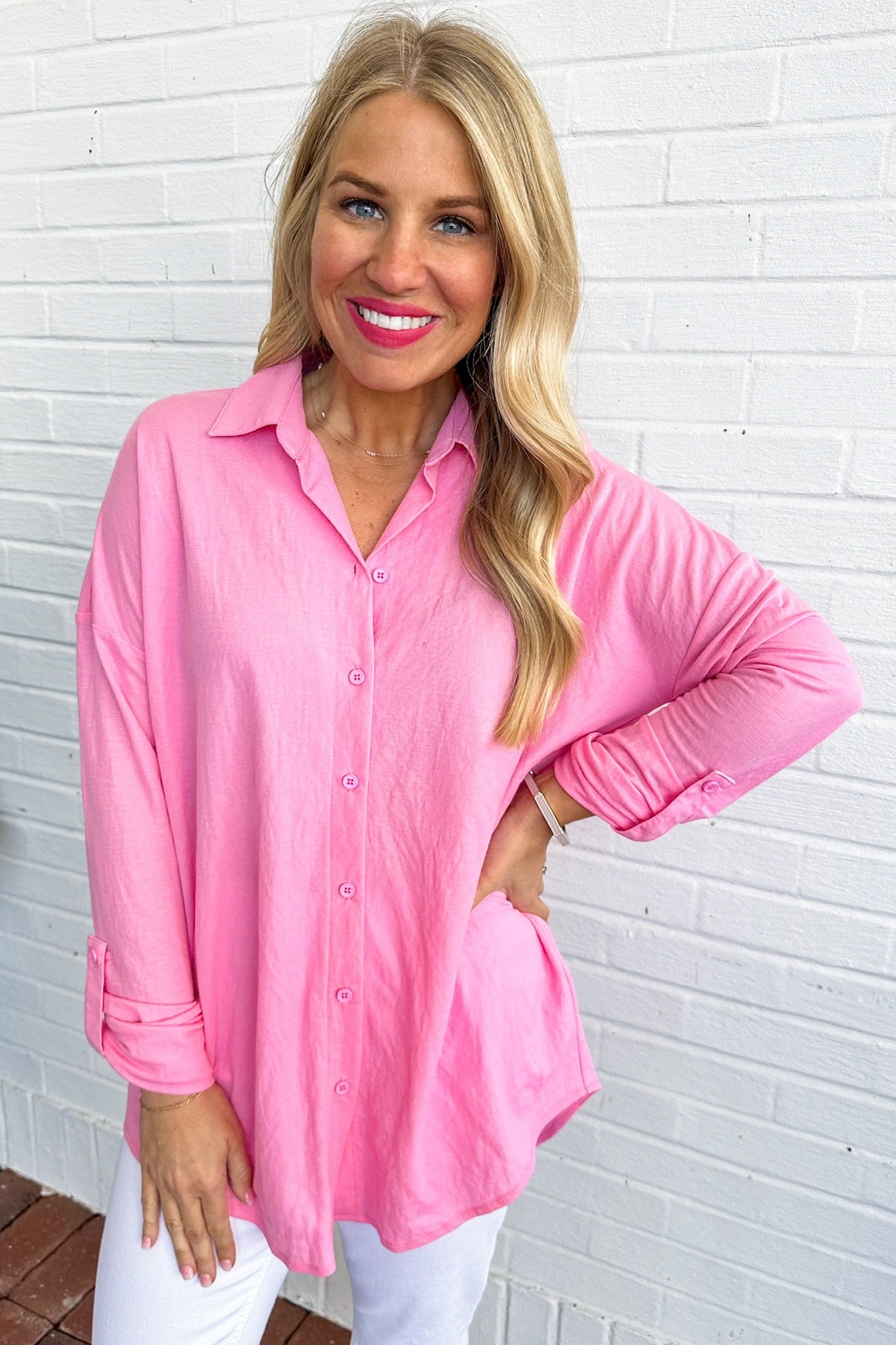 Button Up Collared Rolled Sleeve Pink Top