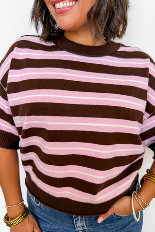 Cocoa Stripe Short Sleeve Knit Top in Pink