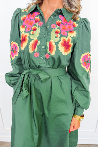Evergreen Bloom Tie Waist Midi Dress