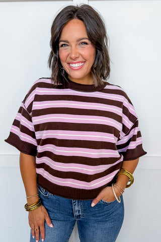 Cocoa Stripe Short Sleeve Knit Top in Pink