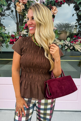 Gather Around Brown Smocked Peplum Top