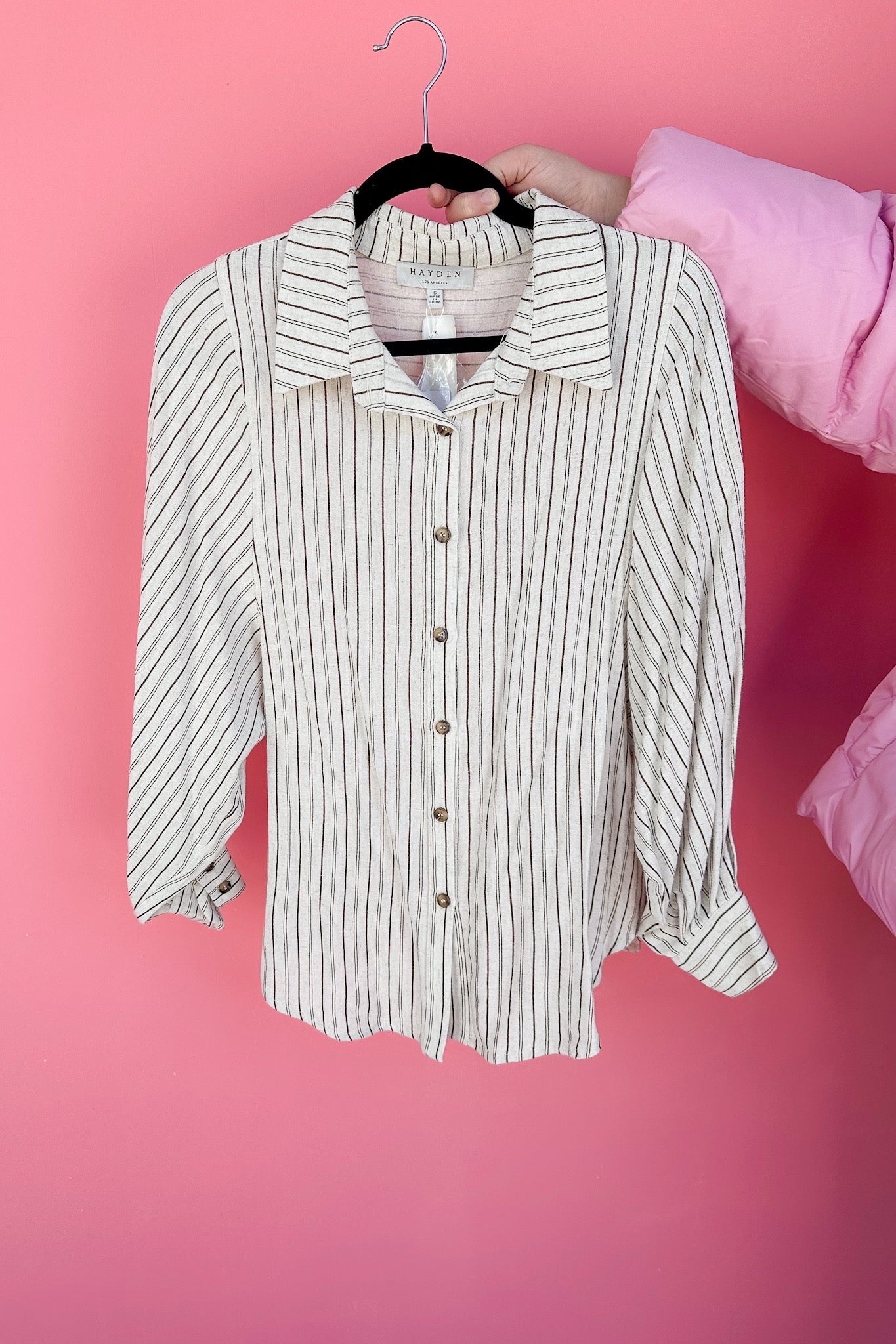 Brown Striped Linen Blend Button Down Top