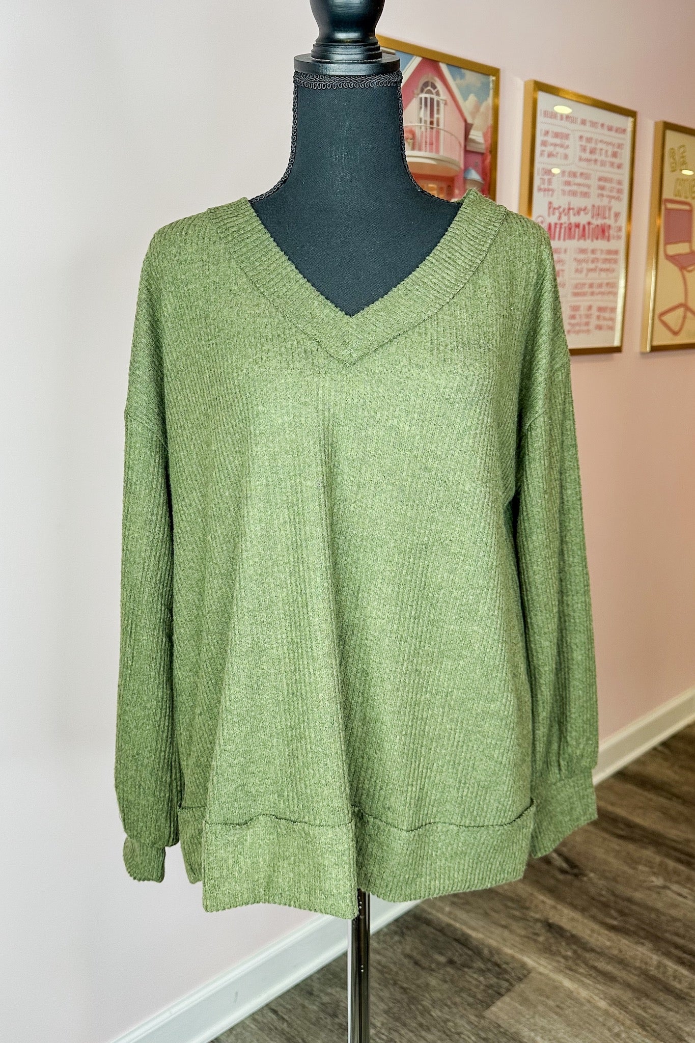 The Lainey Soft V Neck Ribbed Top in Olive