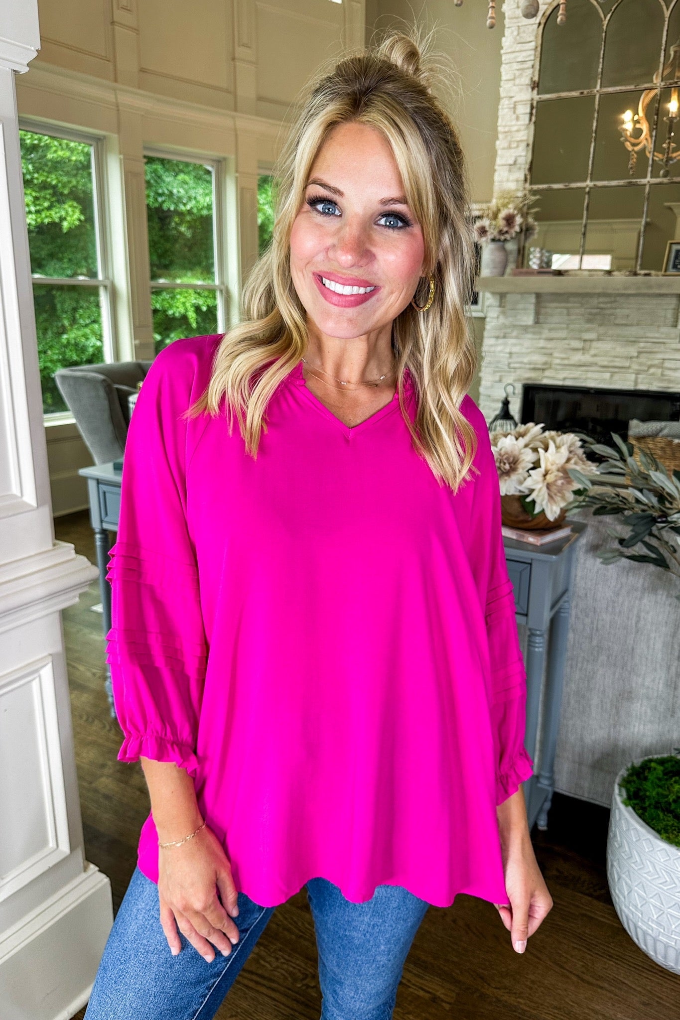 The Ginger Ruffle Details Notched Neck Top Hot Pink